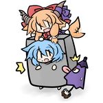  2girls animal_ears blue_hair bow dog_ears dog_tail fang hair_bow horn_ribbon horns ibuki_suika karakasa_obake kemonomimi_mode long_hair multiple_girls nurikabe_(character) open_mouth orange_hair purple_umbrella ribbon short_hair smile tail tatara_kogasa touhou umbrella yanagi_(nurikoboshi) |_| 