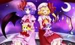  alternate_eye_color ascot bad_id bad_pixiv_id bat_wings blonde_hair blue_hair bow closed_eyes crescent_moon crystal doll fang flandre_scarlet hair_bow hat hat_ribbon jewelry long_skirt moon multiple_girls open_mouth pink_eyes puffy_sleeves remilia_scarlet ribbon short_hair short_sleeves side_ponytail skirt smile star touhou wings yamiori 