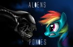  alien alien_(franchise) ambiguous_gender clenched_teeth crossover drooling english_text equine female friendship_is_magic hair hereticofdune horse mammal multi-colored_hair my_little_pony pony purple_eyes rainbow_dash_(mlp) rainbow_hair saliva simple_background space stars teeth text xenomorph 
