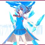  alternate_costume blue_eyes blue_hair blush bow cirno cloud hair_bow ice ice_wings open_mouth short_hair skirt sky smile solo tatwuku touhou wings 