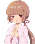  :o bangs blunt_bangs blush brown_eyes brown_hair dougi hands_up hoppe_(heroaka49) idolmaster idolmaster_cinderella_girls long_ponytail looking_at_viewer simple_background solo upper_body white_background wide_sleeves yorita_yoshino 