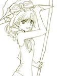  arm_up bad_id bad_pixiv_id bow broom hand_on_headwear hat hat_bow kanazawa_hiromu kirisame_marisa long_hair monochrome one-piece_swimsuit open_mouth sketch smile solo swimsuit touhou witch_hat 