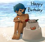  beach black_eyes blue_hair crab dark_skin dark_skinned_male english full_body happy_birthday inazuma_eleven inazuma_eleven_(series) male_focus mizuhara_aki rococo_urupa sand_castle sand_sculpture smile solo water 