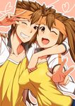  1girl ;d arm_around_neck breasts brown_eyes brown_hair clearite dual_persona endou_mamoru genderswap grin headband highres inazuma_eleven inazuma_eleven_(series) large_breasts one_eye_closed open_mouth smile v 
