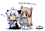  ahoge animal_ears bird dog_ears dog_tail eila_ilmatar_juutilainen hair_brushing luu multiple_girls pantyhose penguin sanya_v_litvyak sleepy strike_witches stuffed_animal stuffed_toy tail world_witches_series 