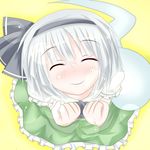  bad_id bad_pixiv_id black_hairband closed_eyes from_above hair_ribbon hairband kmkm9696 konpaku_youmu konpaku_youmu_(ghost) ribbon short_hair silver_hair simple_background smile solo touhou yellow_background 