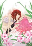  bed_sheet closed_eyes flower ice_(lily_love) long_hair multiple_girls nightgown open_mouth original pink_hair ploy_(lily_love) ratana_satis red_eyes red_hair short_hair yuri 