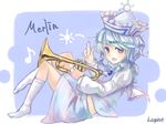  artist_name blue_background blue_eyes blue_hair brooch character_name hat instrument jewelry kneehighs lispict long_sleeves looking_at_viewer merlin_prismriver midriff musical_note no_shoes open_mouth reclining salute short_hair skirt solo sun touhou trumpet two-finger_salute vest white_legwear 