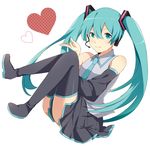  aqua_eyes aqua_hair bad_id bad_pixiv_id bare_shoulders boots detached_sleeves full_body hair_ornament hatsune_miku headset heart long_hair looking_at_viewer necktie sakuraba_hinano simple_background sitting skirt smile solo thighhighs twintails vocaloid white_background 