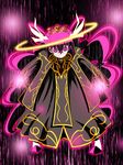  221_(tsutsuichi) alternate_costume antenna_hair cloak coat cosplay crazy_eyes cure_happy dark_persona full_body grin halo highres hoshizora_miyuki kamen_rider kamen_rider_fourze_(series) long_hair magic pink_background pink_eyes pink_hair precure princess_form_(smile_precure!) sharp_teeth smile smile_precure! solo teeth tiara twintails 