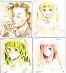  3girls :d aoi_(katawa_shoujo) black_hair blonde_hair bow bowtie braid burn_scar character_name cigarette closed_eyes closed_mouth cupping_hand facial_hair flat_chest gebyy-terar green_eyes green_hair hair_bobbles hair_ornament hair_over_one_eye hair_ribbon holding ibarazaki_emi ikezawa_hanako juliet_sleeves katawa_shoujo lighter long_hair long_sleeves looking_at_viewer mouth_hold multiple_girls mutou_akio one_eye_covered open_mouth original portrait puffy_sleeves purple_hair ribbon scan scar school_uniform side_braid signature single_braid smile smoking stubble traditional_media twintails upper_body watercolor_(medium) weee_(raemz) white_background white_bow white_neckwear white_ribbon yellow_eyes 