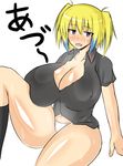  1girl blonde_hair blue_eyes blue_hair breasts cameltoe cleavage erect_nipples female hot huge_breasts leg_lift multicolored_hair musuka_(muska) open_mouth original panties shirt short_hair simple_background sitting socks solo sweat thighs underwear white_background white_panties 