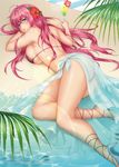  ass bad_id bad_pixiv_id bikini blue_eyes blue_sarong blush breasts cocktail double_click_(artist) large_breasts long_hair looking_at_viewer looking_back lying megurine_luka on_stomach pink_hair sarong sideboob solo swimsuit translucent_sarong twintails very_long_hair vocaloid wet 