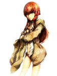  bra breasts brown_hair cellphone cleavage coat dressing highres long_hair looking_at_viewer makise_kurisu medium_breasts open_mouth panties phone shirt simple_background solo steins;gate underwear usamax white_background 