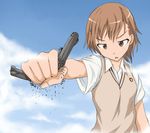  angry brown_eyes brown_hair cloud clouds crush giantess highres misaka_mikoto school_uniform terada_ochiko to_aru_kagaku_no_railgun to_aru_majutsu_no_index 