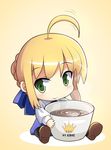  ahoge artoria_pendragon_(all) blonde_hair blush casual chibi crown cup dress fate/stay_night fate_(series) full_body green_eyes hair_bun hair_ribbon motion_lines pantyhose ribbon saber shoes short_hair sidelocks simple_background sitting smile solo southern-panda steam 