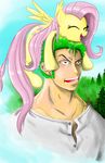  black_eyes clothed clothing equine eyes_closed female feral fluttershy_(mlp) forest friendship_is_magic green_hair hair hereticofdune horse human male mammal my_little_pony one_piece open_mouth pegasus pink_hair pony roronoa_zoro shirt simple_background sweat tree wings wood 