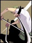  1boy dual_wielding green_hair haramaki male male_focus mouth_hold one_piece roronoa_zoro shirt solo sword triple_wielding weapon white_shirt 