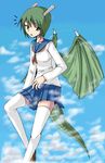  1girl airplane dragon_girl dragon_tail dragon_wings flying giantess horns looking school_uniform sky tail terada_ochiko wings 