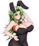  animal_costume animal_ears bare_shoulders breasts bunny_ears bunnysuit cleavage curvy green_eyes green_hair huge_breasts lamia_loveless long_hair pantyhose ponpo simple_background solo standing super_robot_wars super_robot_wars_original_generation white_background wide_hips 