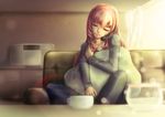  carrying_over_shoulder casual cup head_tilt highres holding holding_hair indoors lens_flare long_hair megurine_luka museum2088 phone pillow pillow_hug pink_hair sitting smile solo vocaloid 
