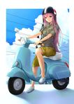  blue_eyes cloud day ground_vehicle helmet highres long_hair looking_at_viewer megurine_luka motor_vehicle museum2088 no_socks power_lines scooter sky smile solo very_long_hair vespa vocaloid 