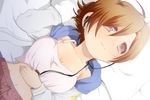  breasts brown_eyes brown_hair cleavage digital_media_player earphones from_above listening_to_music lying medium_breasts meiko on_back short_hair smile solo vocaloid we53_(wagnar) 