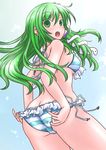  adjusting_clothes adjusting_swimsuit ass bad_id bad_pixiv_id bikini butt_crack green_eyes green_hair hair_tubes highres kochiya_sanae long_hair looking_back snake solo striped striped_bikini swimsuit takanoru touhou trefoil 