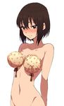  black_hair blush breasts brown_eyes bun_cover character_request copyright_request groin highres medium_breasts navel no_panties out-of-frame_censoring short_hair solo yanagida_fumita 