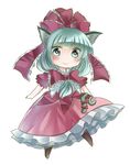  animal_ears blush boots bow cat_ears dress frills front_ponytail full_body green_eyes green_hair hair_bow hair_ribbon kagiyama_hina kemonomimi_mode long_hair miyakure red_dress ribbon short_sleeves simple_background smile solo touhou white_background 