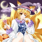  animal_ears bad_id bad_pixiv_id cloud crescent_moon fox_ears fox_tail halloween hat jack-o'-lantern kmkm9696 moon multiple_tails night night_sky one_eye_closed pinky_out pumpkin short_hair sky smile solo tail touhou wand witch_hat yakumo_ran yellow_eyes 