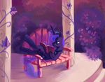  absurd_res bench blue_eyes book bushes cutie_mark detailed_background equine female feral friendship_is_magic garden hair hi_res holivi horn horse mammal my_little_pony pony princess_luna_(mlp) purple_hair reading relaxing solo tiara translucent_hair unicorn vines 
