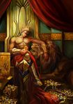  alcohol armor blonde_hair crown207 earrings fate/zero fate_(series) gilgamesh goblet gold jewelry lion red_eyes shirtless signature throne treasure vambraces wine 