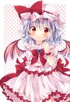  abandon_ranka bad_id bad_pixiv_id bat_wings blue_hair blush hat hat_ribbon highres outline polka_dot polka_dot_background red_eyes remilia_scarlet ribbon smile solo touhou wings wrist_cuffs 