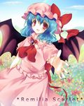  bad_id bad_pixiv_id bat_wings blue_hair blush bow character_name cloud day flower hat hat_bow highres jewelry open_mouth red_eyes remilia_scarlet short_hair short_sleeves sky solo touhou wings yamio 