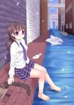  bad_id bad_pixiv_id barefoot bird brown_hair canal long_hair looking_at_viewer necktie original plaid plaid_skirt pleated_skirt purple_eyes shoes_removed sitting skirt soaking_feet socks_removed solo tsukino_neru water 
