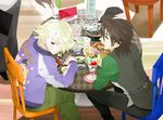  blonde_hair brown_eyes brown_hair eating facial_hair ivan_karelin jacket kaburagi_t_kotetsu kimiko_(msk599) male_focus multiple_boys parfait purple_eyes purple_jacket stubble tiger_&amp;_bunny vest waistcoat 