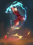  avatar:_the_last_airbender avatar_(series) azula black_hair blue_fire chinese_clothes fire jumping kellylee lipstick makeup solo topknot yellow_eyes 