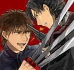  black_eyes black_hair black_keys brown_eyes brown_hair drawr emiya_kiritsugu fate/zero fate_(series) gun handgun kotomine_kirei male_focus multiple_boys omurox revolver weapon 