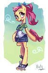  absurd_res alpha_channel bag blush bow clothed clothing equine female fluttershy_(mlp) friendship_is_magic green_eyes hair hi_res holivi horse mammal my_little_pony open_mouth pink_hair pony ponytail rollerskates shirt simple_background skirt solo 