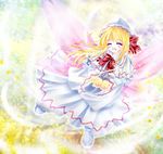  blonde_hair blurry boots bow capelet closed_eyes depth_of_field dress eyelashes fairy_wings hat hat_ribbon lily_white long_hair long_sleeves multicolored multicolored_background open_hands open_mouth petals ribbon smile solo touhou tsukiori_sasa white_dress wide_sleeves wind wings 
