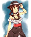  :d artist_request bare_shoulders breasts brown_eyes brown_hair casual choker cleavage halterneck hat heart highres medium_breasts okita_sawa open_mouth smile solo tari_tari wristband 