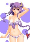  alternate_hairstyle arm_up armpits bad_id bad_pixiv_id bikini blush braid breasts chiro cleavage crescent crescent_hair_ornament double_bun frilled_bikini frills hair_ornament large_breasts long_hair navel patchouli_knowledge purple_eyes purple_hair shiny shiny_skin side-tie_bikini single_braid smile solo striped striped_bikini swimsuit touhou 