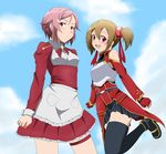  :d akou_(phoenix777) apron armor bare_shoulders belt black_legwear blush bow bowtie brown_hair day fingerless_gloves from_below gloves hair_ornament hair_ribbon hairclip highres lisbeth long_legs multiple_girls open_mouth pink_hair red_eyes ribbon short_hair short_twintails silica skirt sky smile sword_art_online thigh_strap thighhighs twintails zettai_ryouiki 
