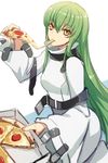  bodysuit c.c. cheese_trail code_geass eating food food_in_mouth green_hair holding_pizza long_hair looking_at_viewer pizza prime sitting solo white_bodysuit yellow_eyes 