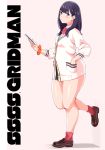  black_hair blue_eyes cardigan commentary_request hand_in_pocket hips leg_up long_hair looking_at_viewer morisoba_(silent_hill) pink_background red_legwear scrunchie shoes simple_background socks solo ssss.gridman takarada_rikka thick_thighs thighs wrist_scrunchie 