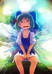  alternate_hairstyle aqua_hair blue_eyes blush bow breasts cirno cleavage collarbone hair_bow hot ice ice_wings nihimaru open_mouth puffy_sleeves short_hair short_sleeves side_ponytail sitting small_breasts solo sweat touhou wings 
