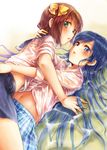  amami_haruka arm arm_support blue_eyes blue_hair blush bow brown_hair green_eyes hair_bow hug idolmaster idolmaster_(classic) kisaragi_chihaya long_hair looking_back lying multiple_girls navel plaid short_hair skirt water wet wet_clothes yakusa yuri 