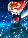  ascot bad_id bad_pixiv_id blonde_hair hair_ribbon highres nekominase night outstretched_arms petals red_eyes ribbon rumia short_hair sky smile solo touhou 