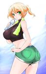  alternate_breast_size alternate_hairstyle ass blonde_hair bottle breasts crop_top green_eyes han_(jackpot) mizuhashi_parsee navel pointy_ears ponytail shorts solo sweat touhou 